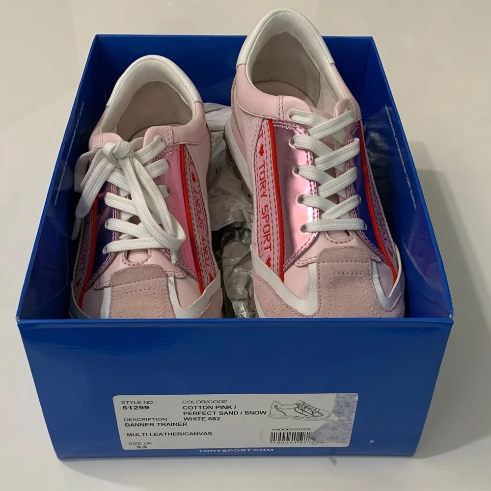 Tory Sport Banner Trainer Sneakers Pink White Leather Canvas 9.5 NIB